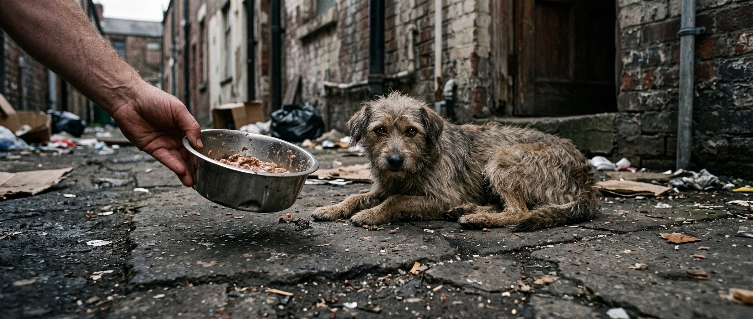 A stray dog being offered a bowl of food in an alley