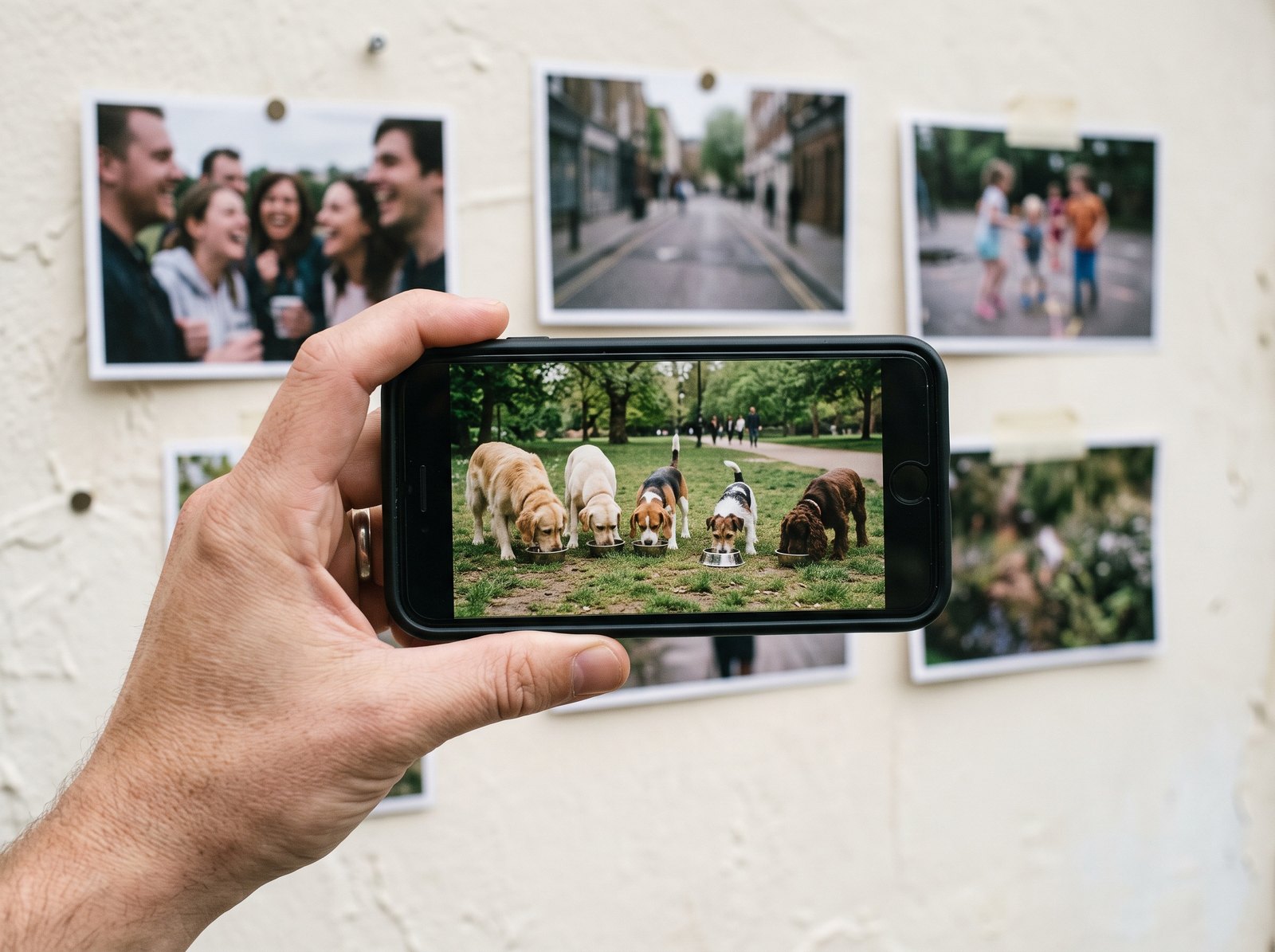 A phone showing a photo of dogs eating from bowls