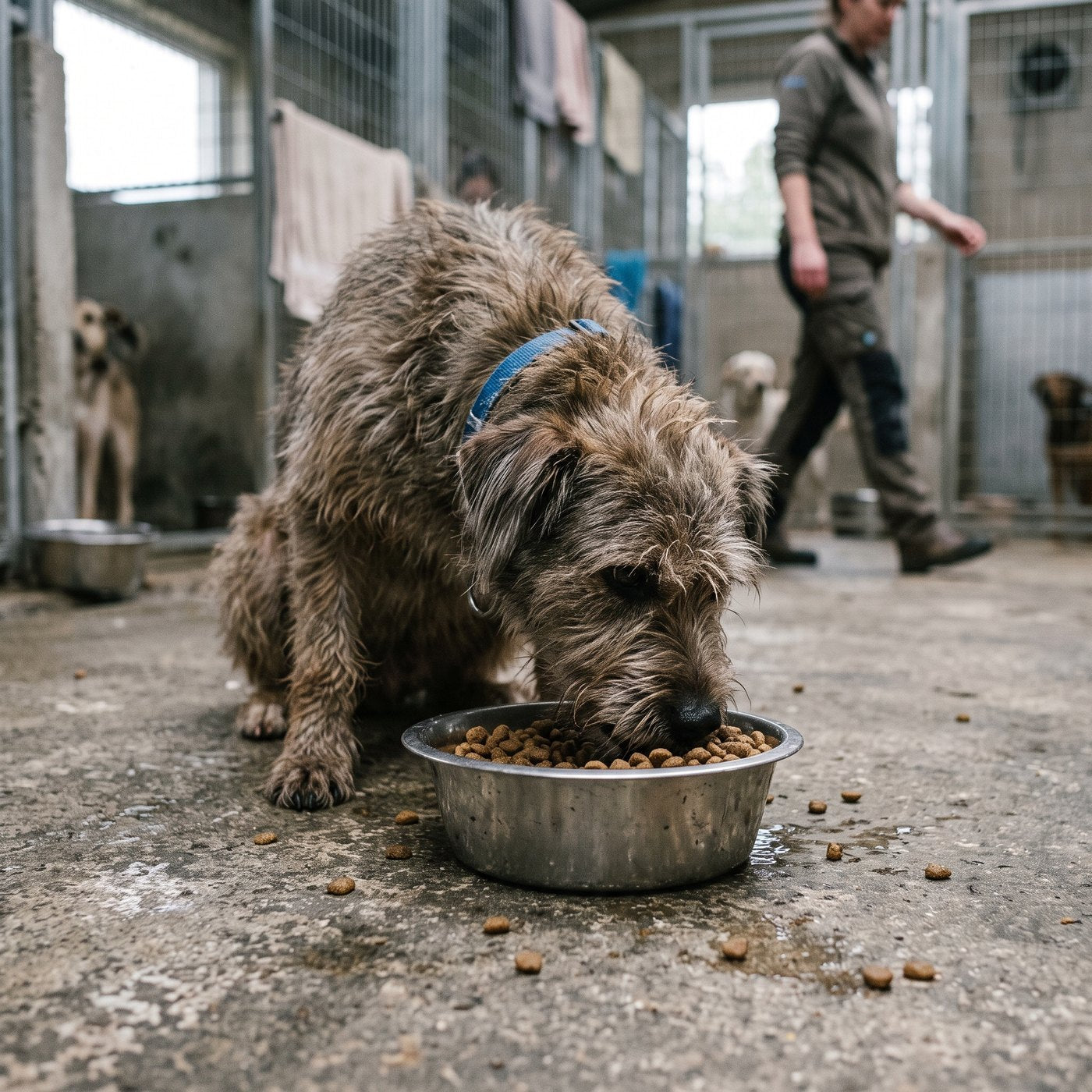A rescue dog eating from a full bowl