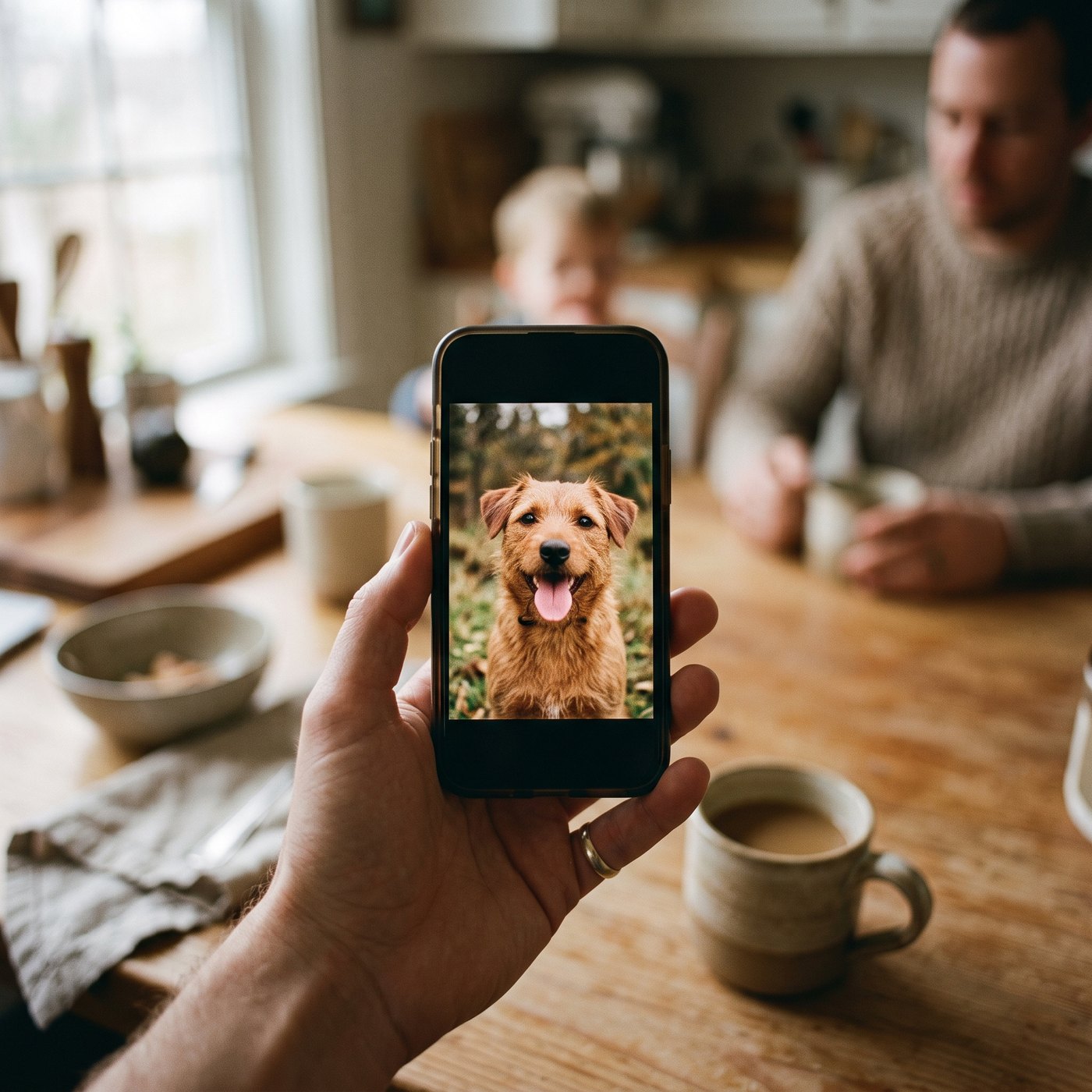 A phone showing a photo of a healthy happy dog