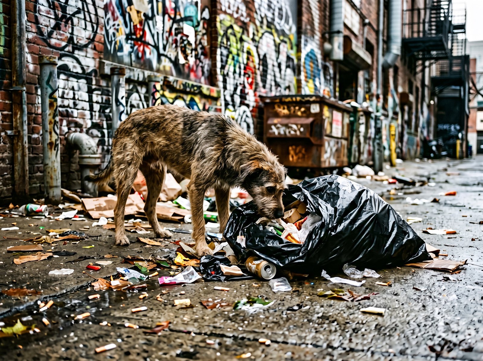 A stray dog searching through a torn rubbish bag in an alley